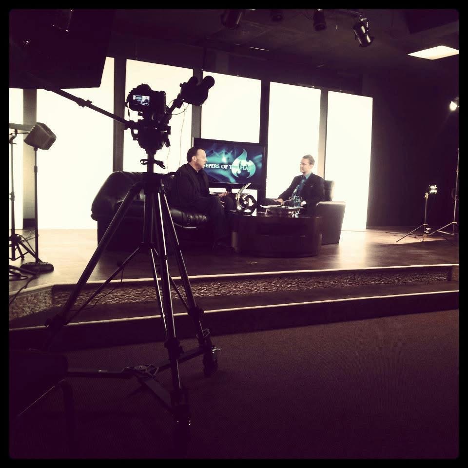 Behind the scenes on a Keepers of the Flame interview set with a production camera