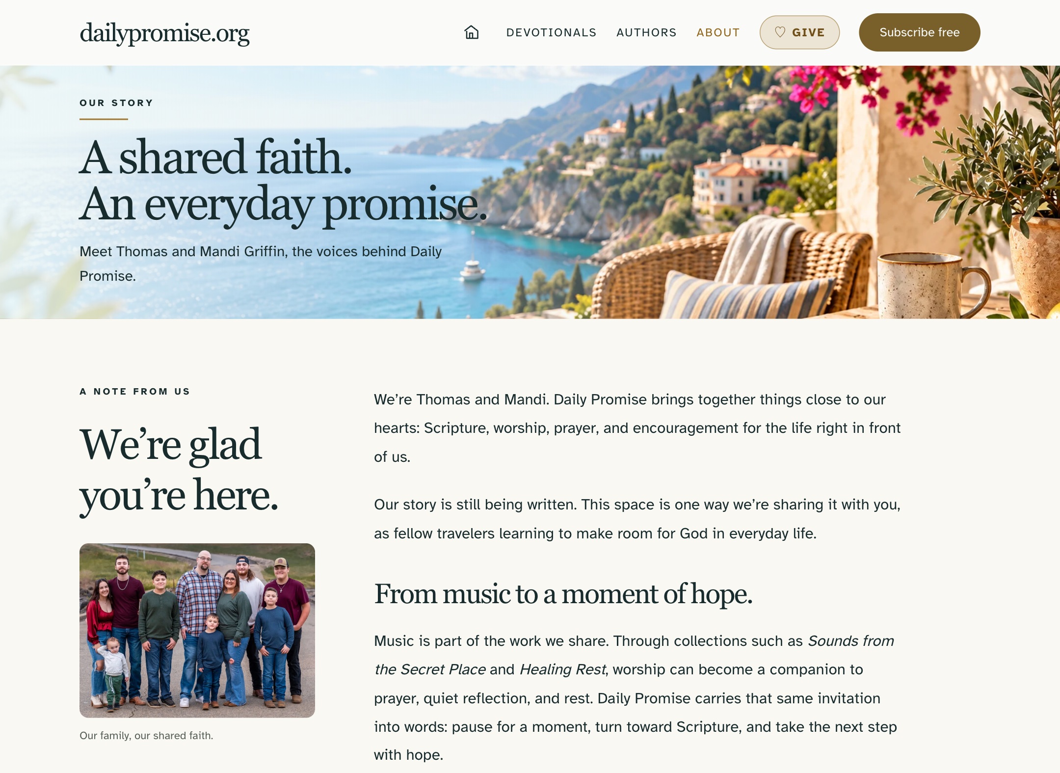 Daily Promise about page introducing Thomas and Mandi and their family