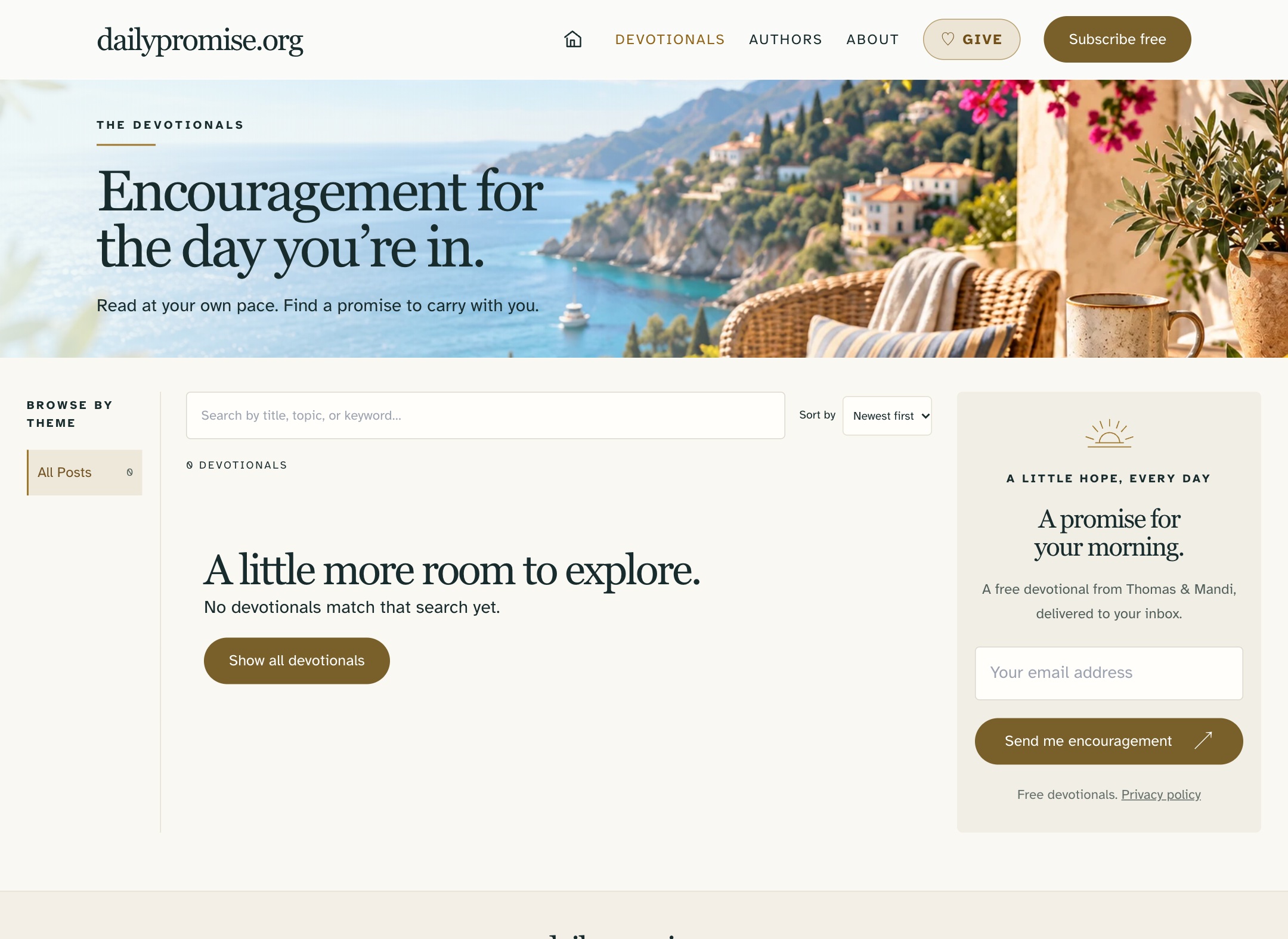 Daily Promise devotional archive with topic navigation search and sorting in its empty state