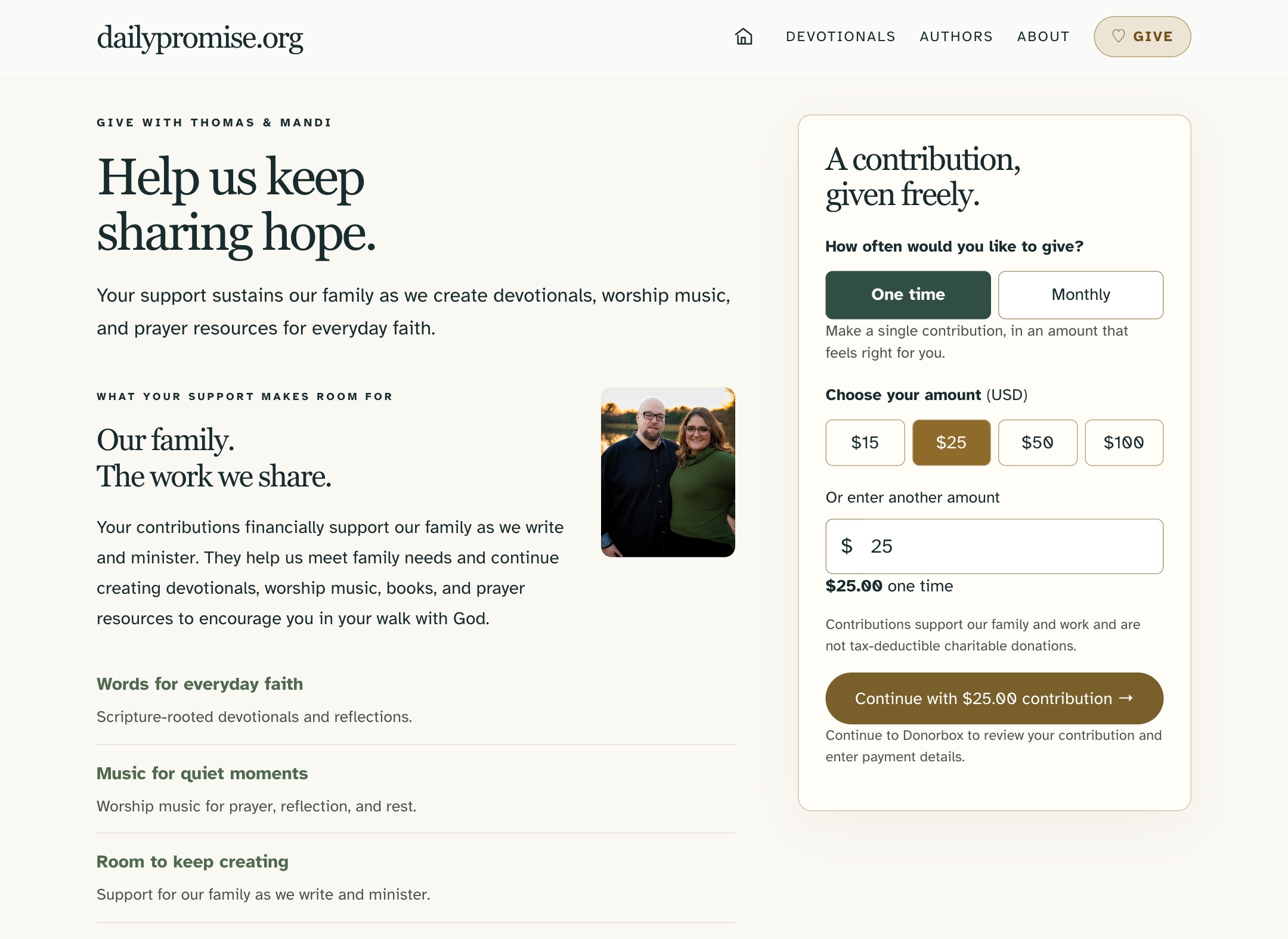 Daily Promise voluntary support page with one-time and monthly contribution choices