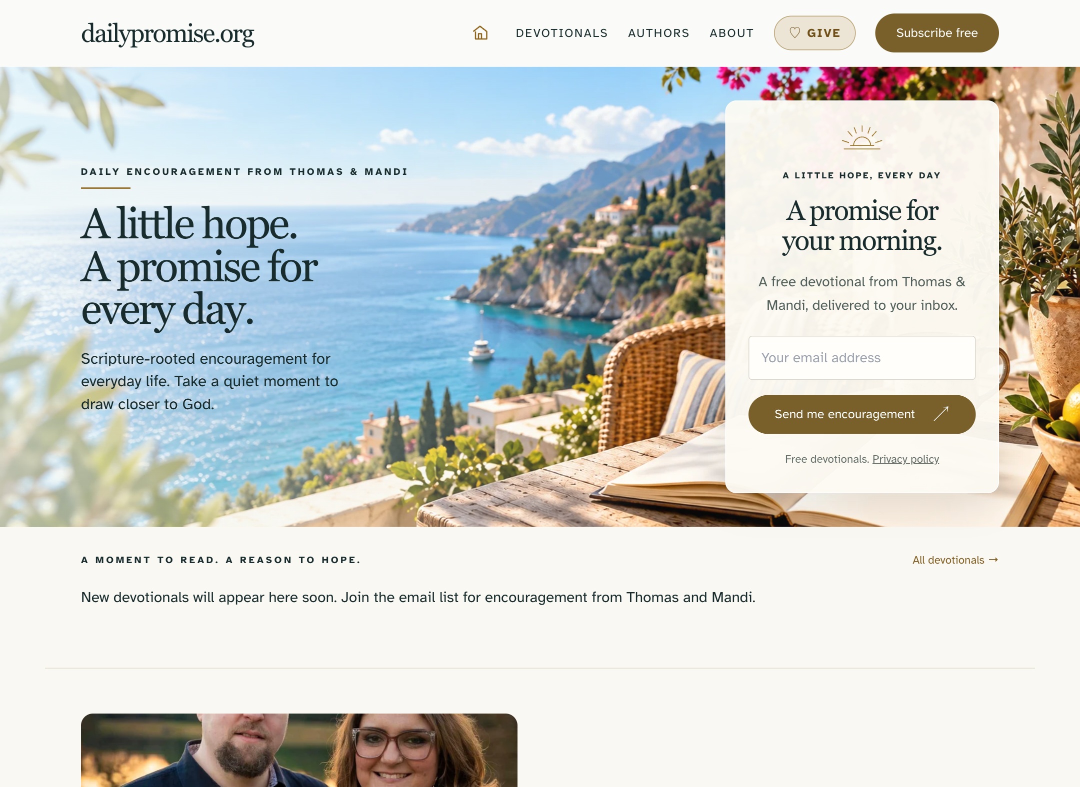 Daily Promise homepage with an editorial landscape image and devotional email subscription