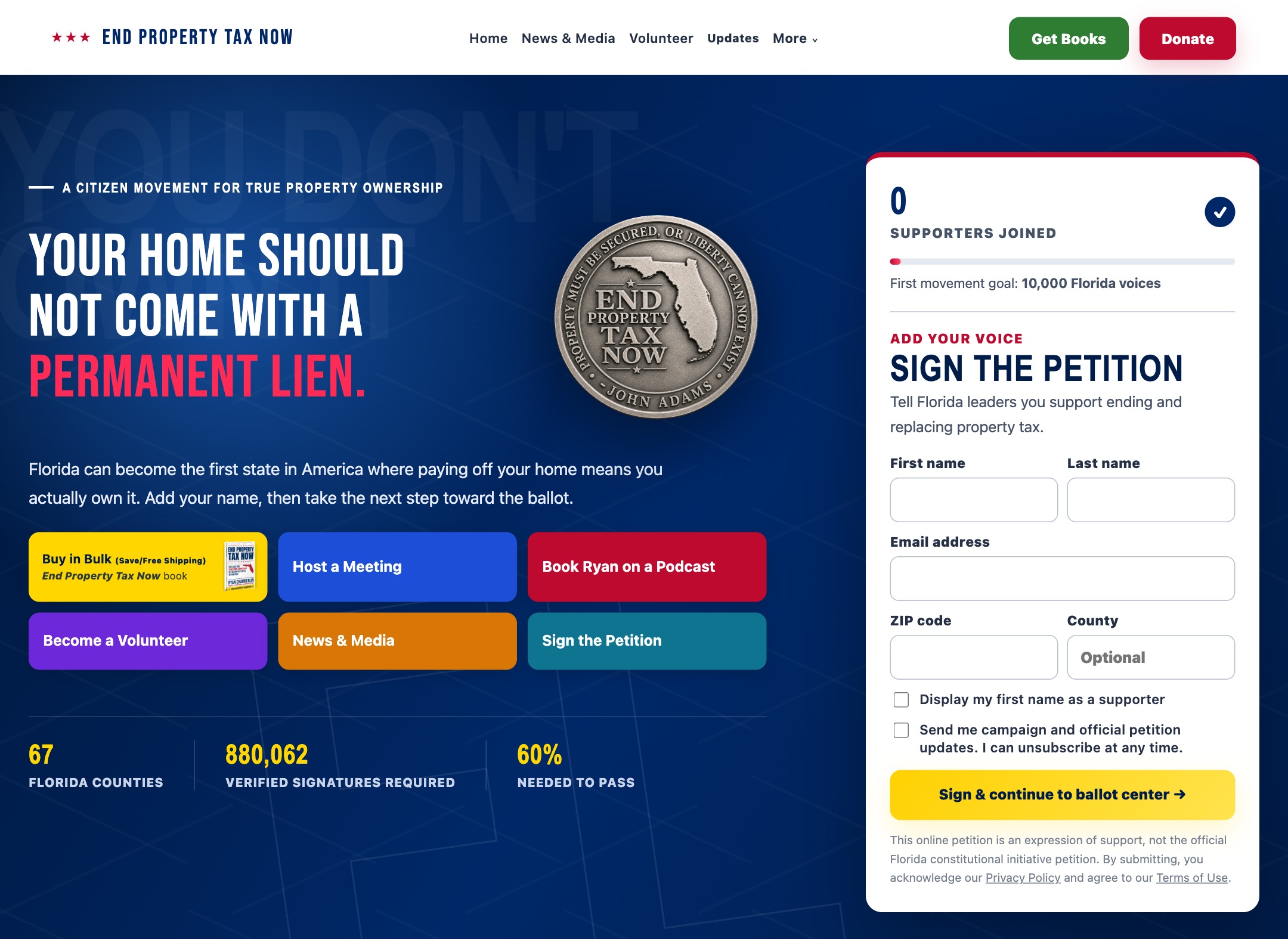 End Property Tax Now homepage with campaign identity and supporter form