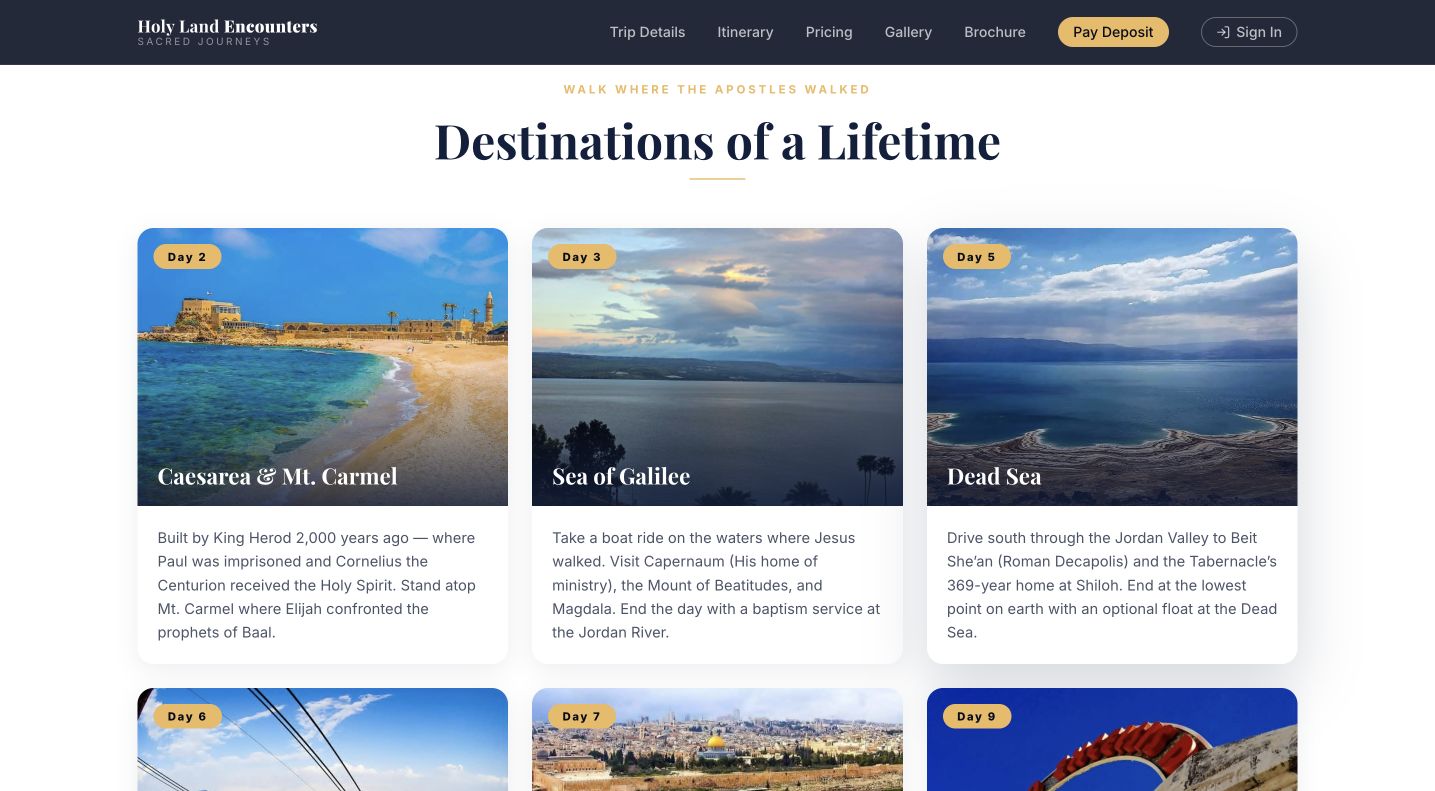Holy Land trip destination cards showing Caesarea and Mount Carmel, Galilee, and the Dead Sea