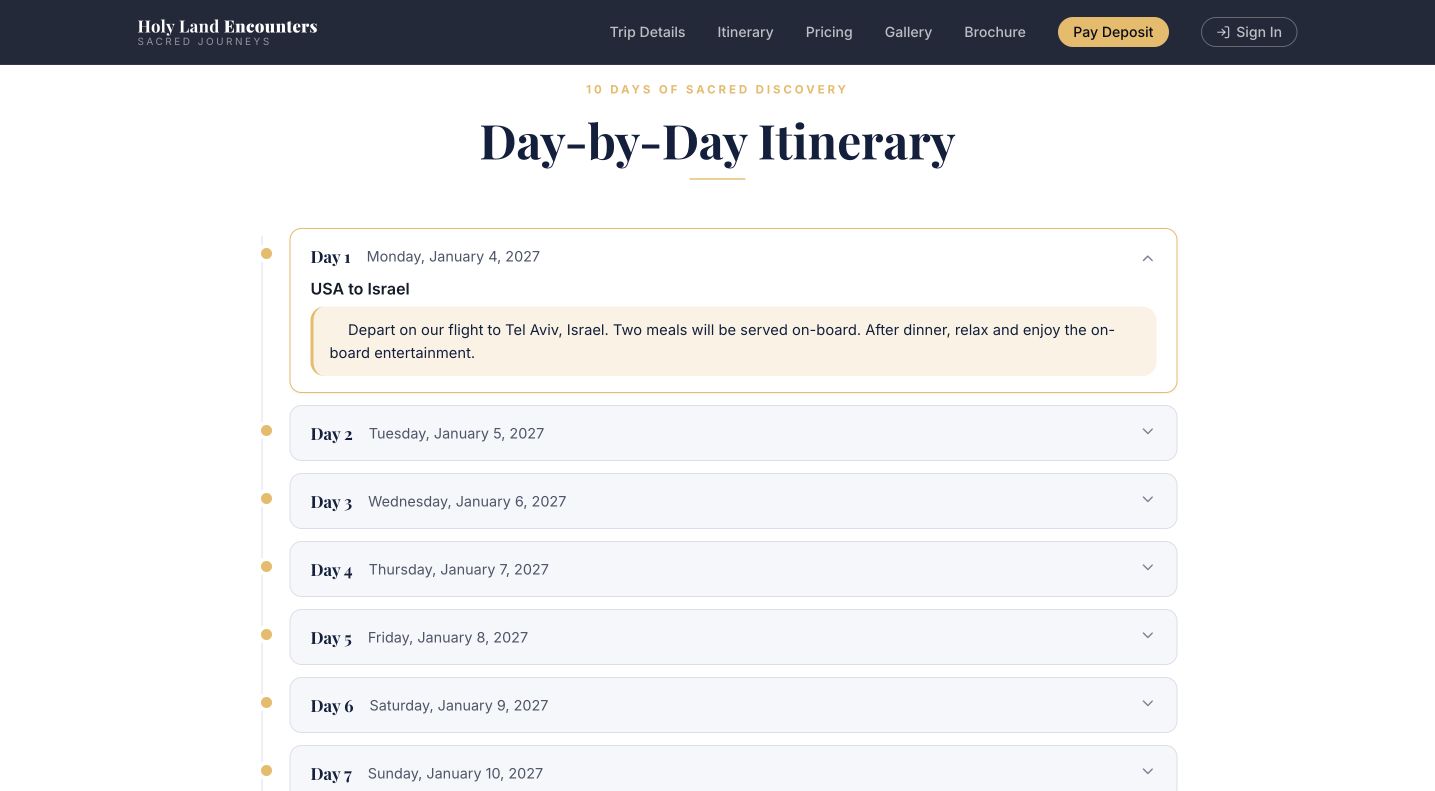 Holy Land Experience day-by-day itinerary with expandable daily travel details
