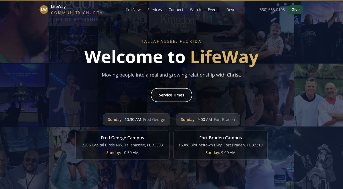 LifeWay Community Church homepage with church community photography and two campus destinations