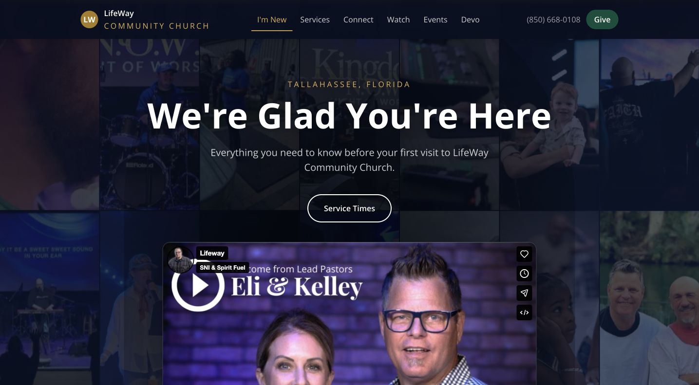 LifeWay first-time visitor page with a welcome video from Eli and Kelley Hendricks
