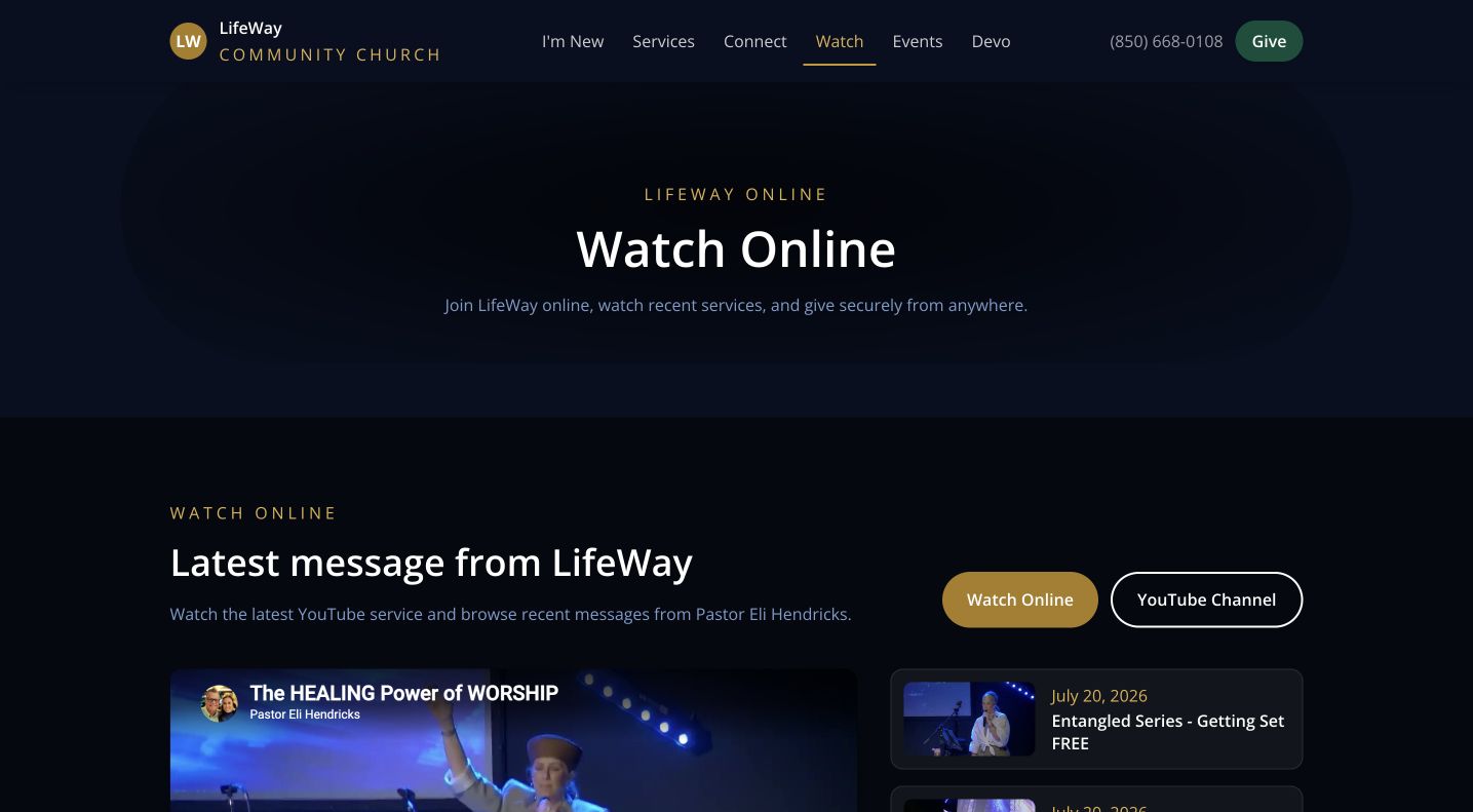 LifeWay Watch Online page with a latest-message video and recent sermon listings