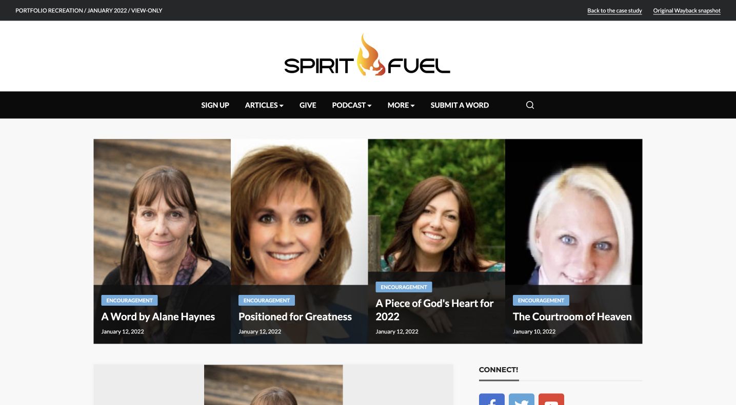 Spirit Fuel archival website recreation with original branding and contributor portraits