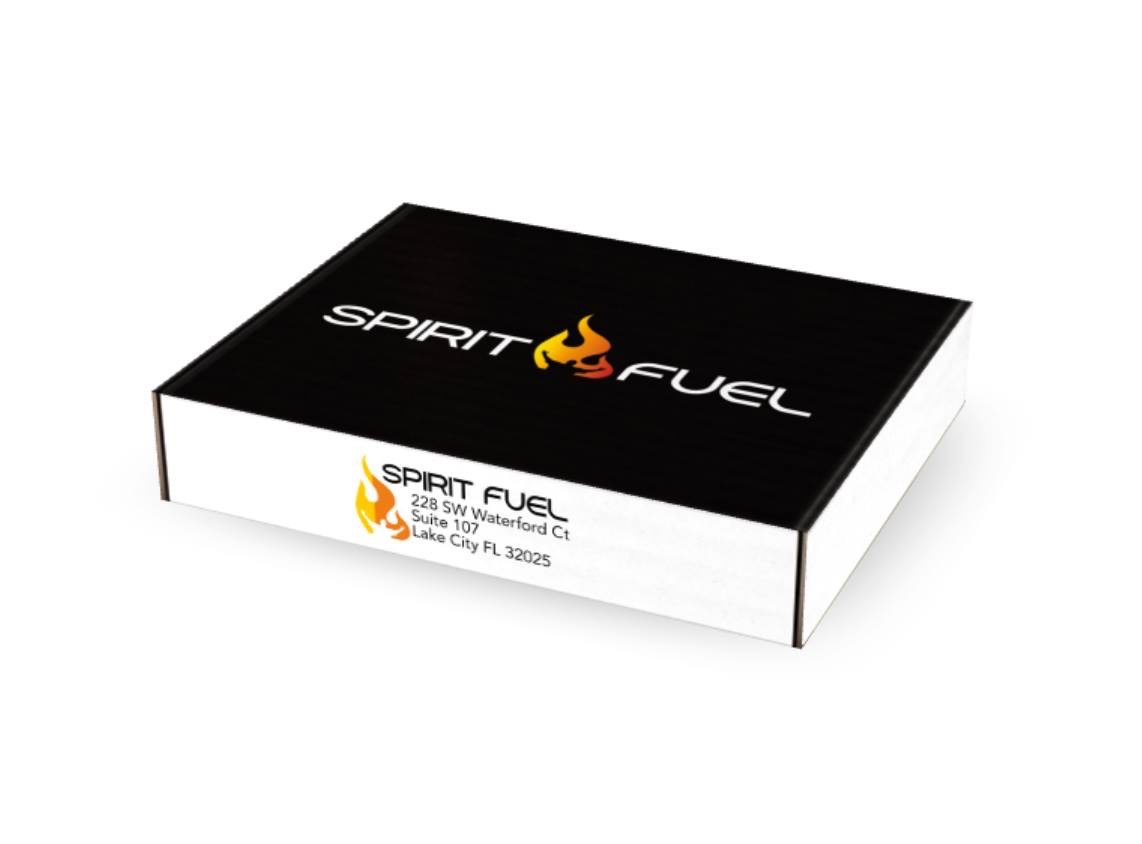 Spirit Fuel wordmark presented in a historical printed-brand mockup