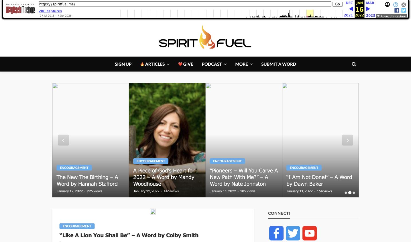 Original January 2022 Spirit Fuel website in the Wayback Machine with some article images missing