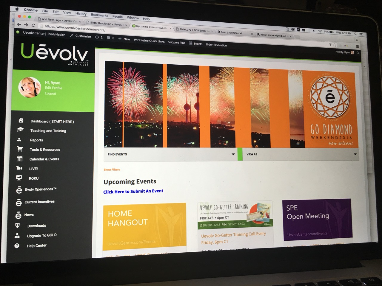 Original laptop photograph of Uevolv events with the WordPress administration toolbar visible