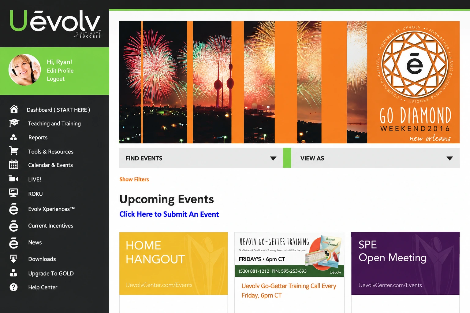 Restored Uevolv events portal with a Go Diamond Weekend 2016 banner and event listings