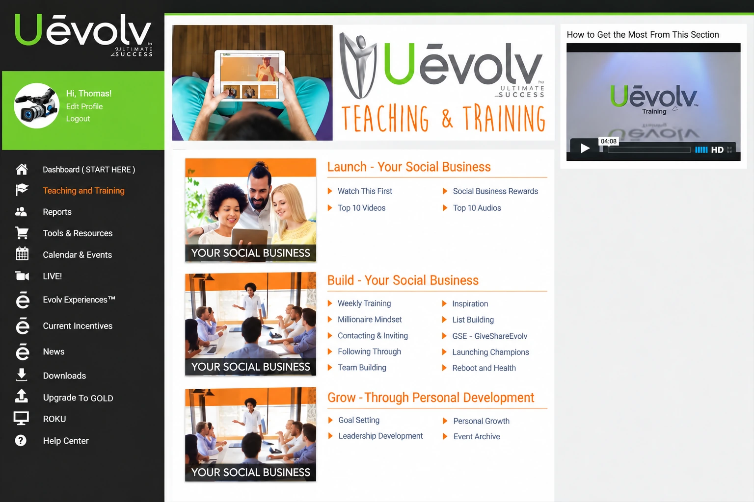Restored Uevolv member portal showing Launch, Build, and Grow training pathways