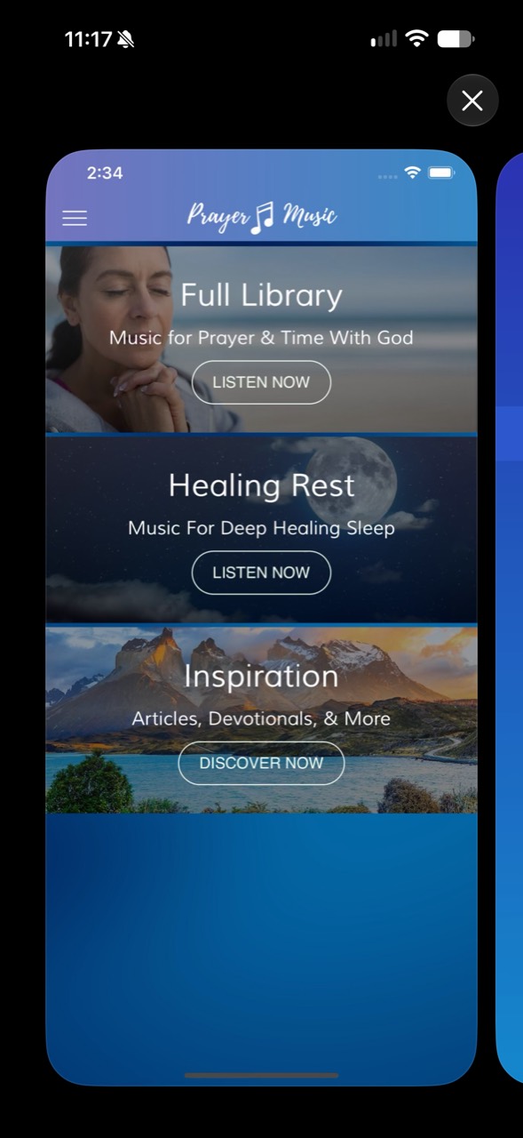 Earlier Refreshed app, originally branded Prayer Music, showing music and devotional sections